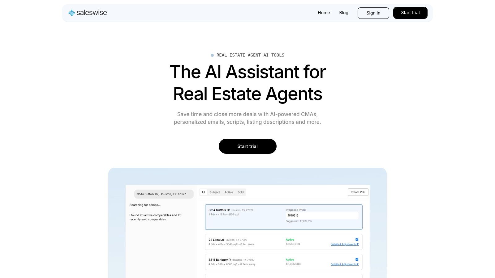 Saleswise property analysis dashboard showcasing market data and valuation estimates.