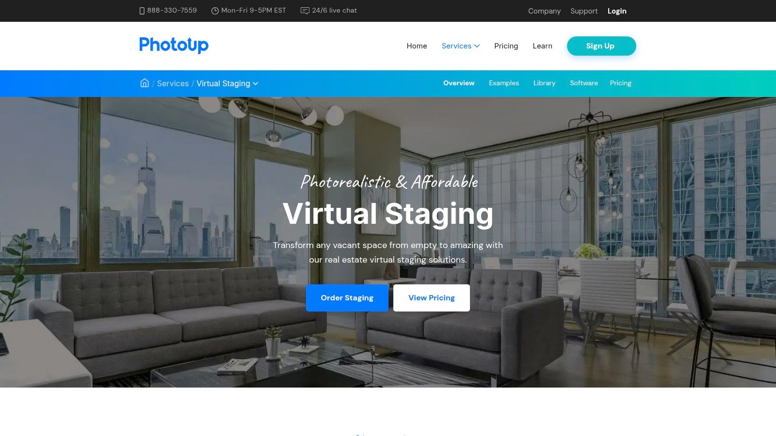 PhotoUp virtual staging example showing a staged living room with a fireplace