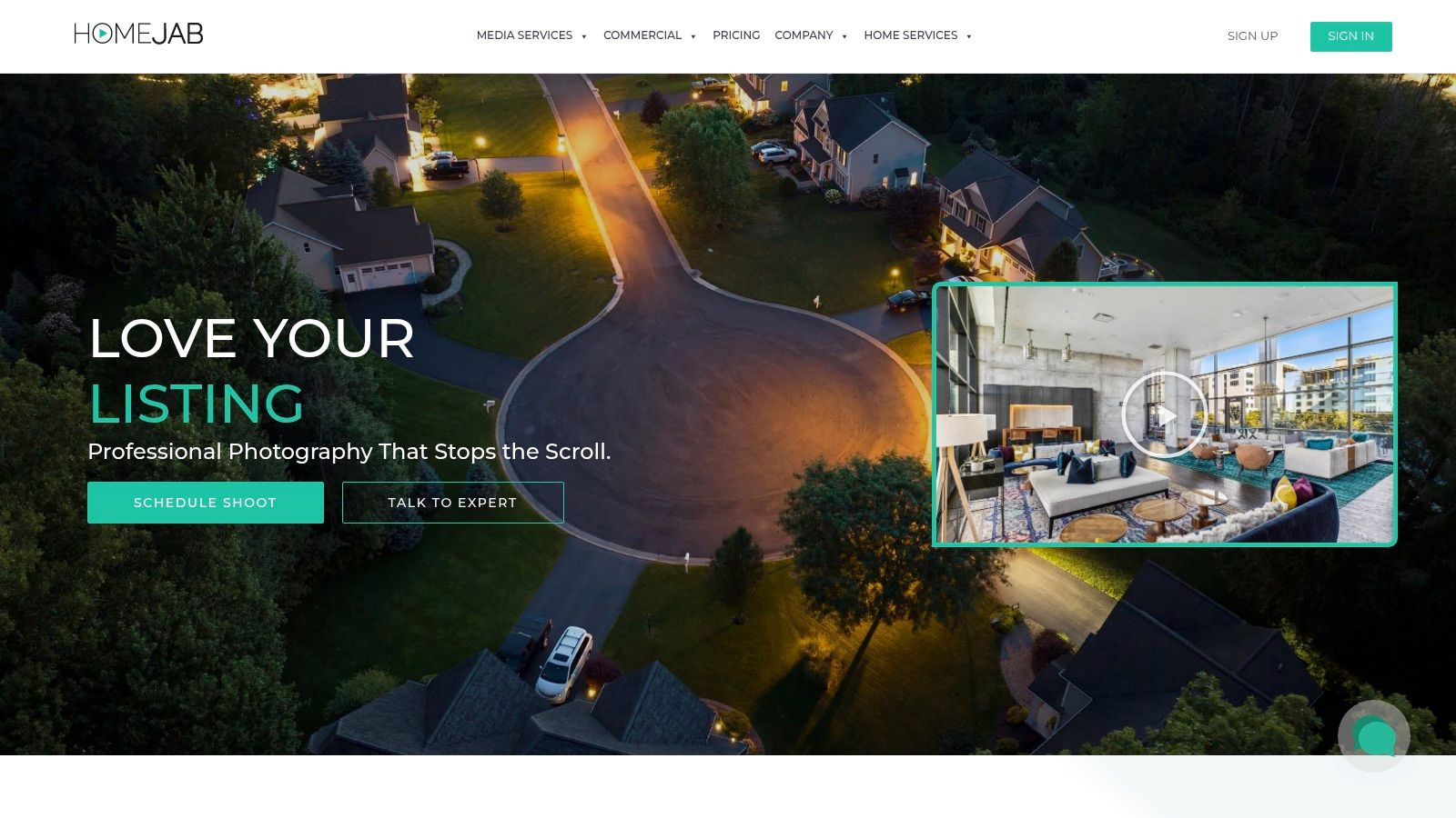 The HomeJab website homepage showing its real estate video services.