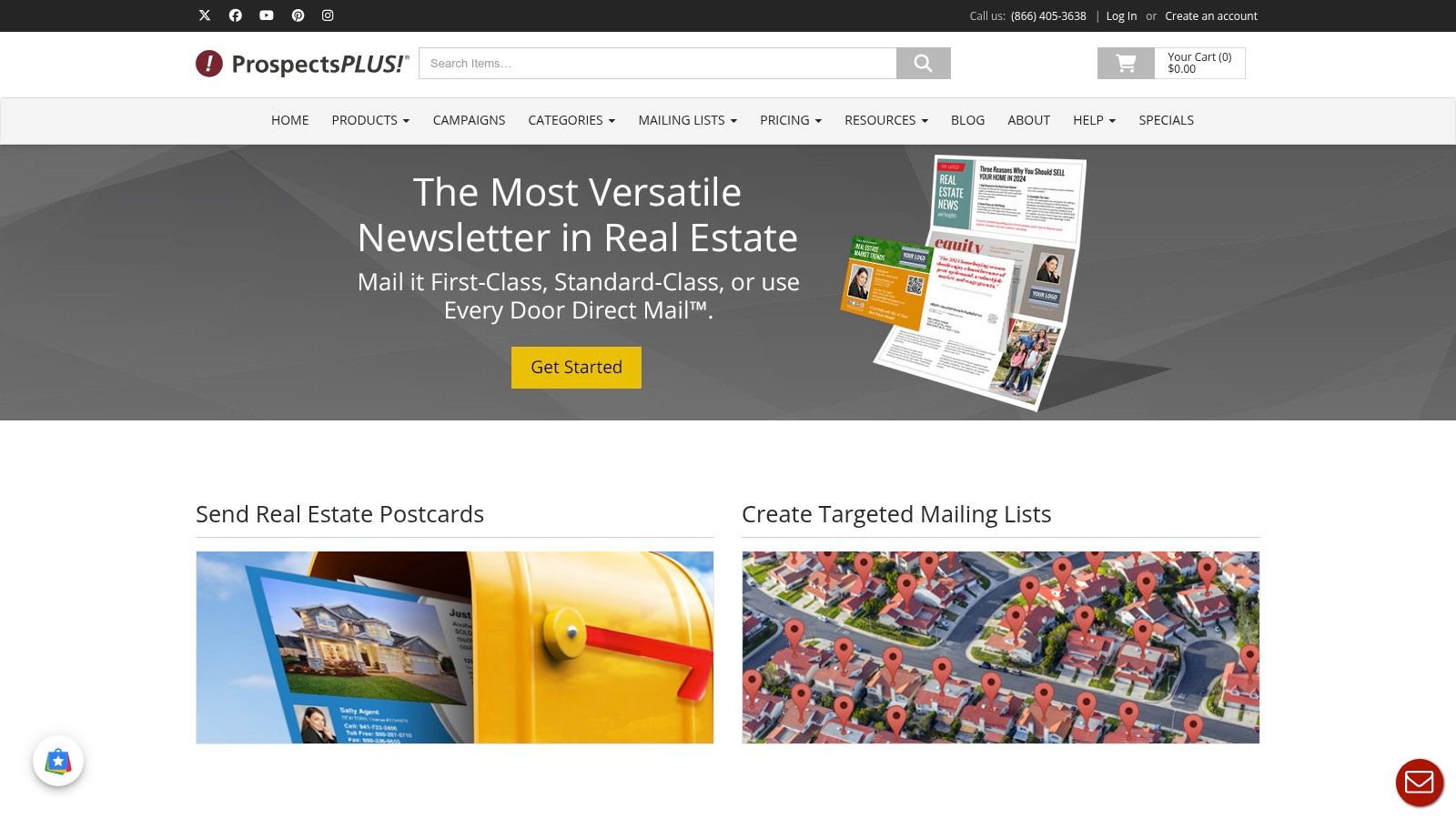 The ProspectsPLUS! website showcases various real estate marketing materials, including flyers and postcards, with options for direct mail services.