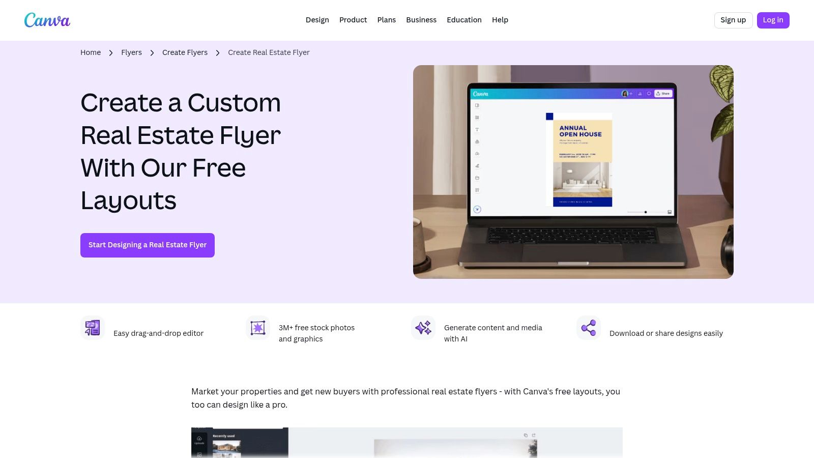 Canva's website interface showing various templates for real estate flyers and marketing materials