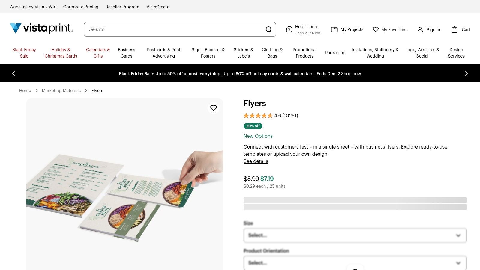 Vistaprint's flyer creation page showing options for sizes, paper stocks, and quantities for marketing materials.