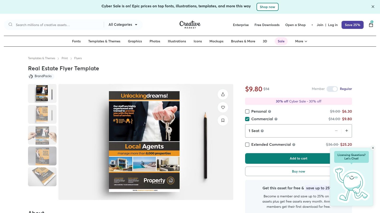 A professionally designed real estate flyer template from Creative Market, showcasing a clean, modern layout with placeholders for property images, agent details, and a compelling description.