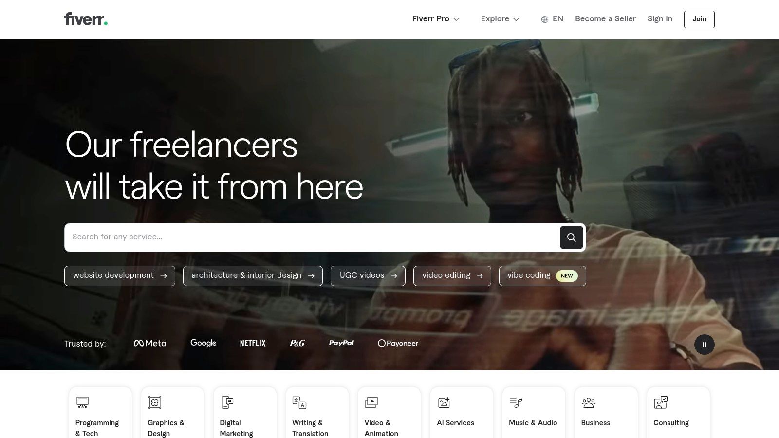 A view of the Fiverr marketplace showing real estate video editing gigs.