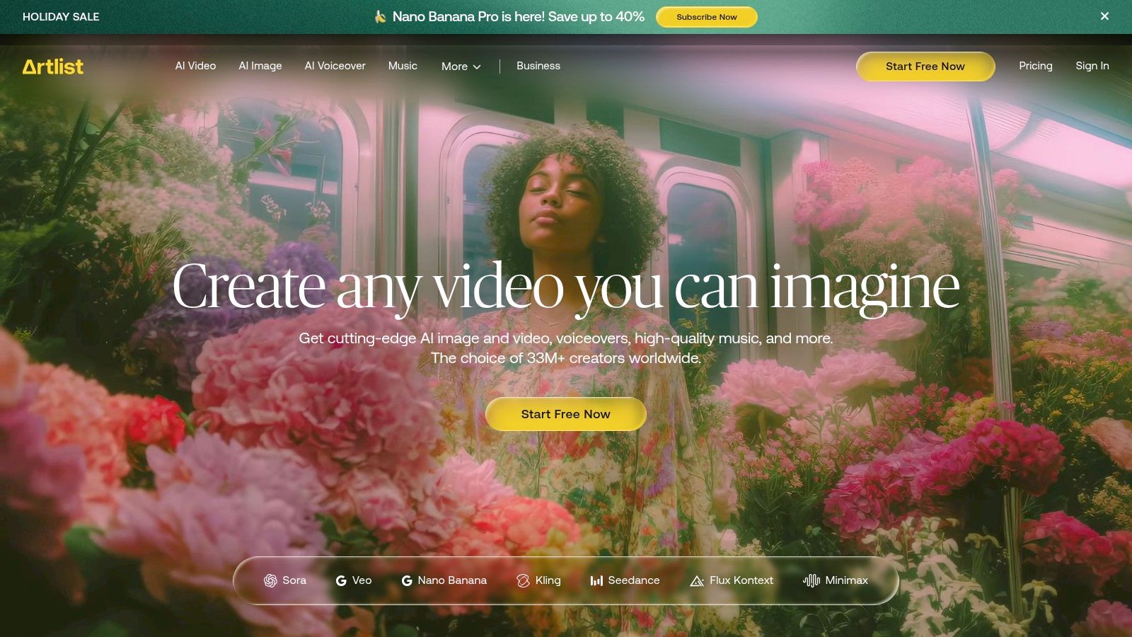 Artlist's homepage showcasing its creative assets for video production.