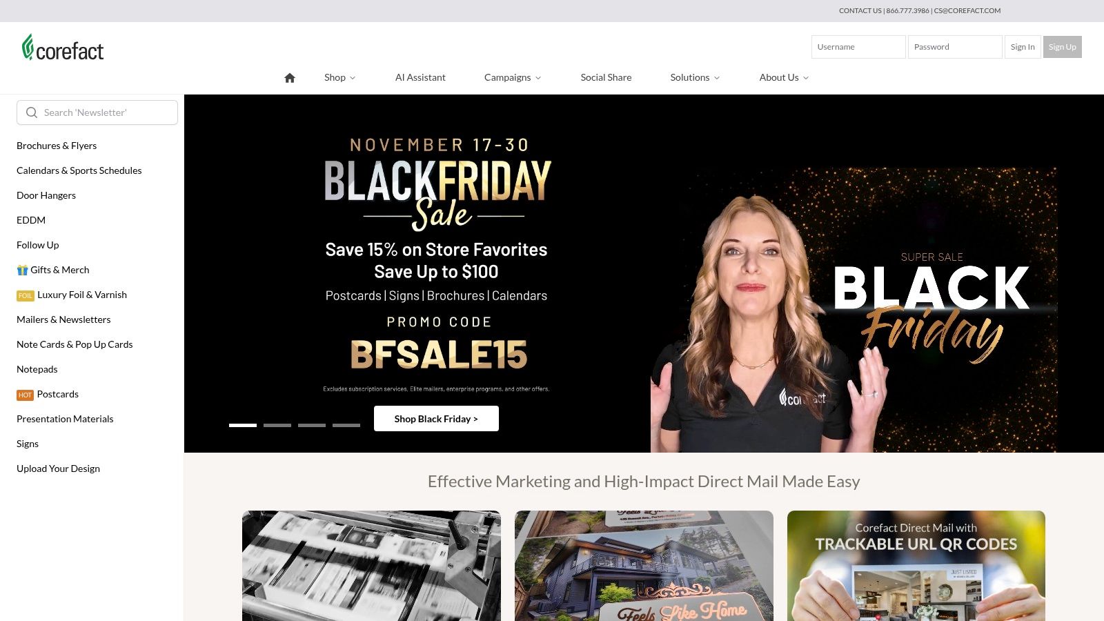 Corefact website showing real estate marketing postcard options