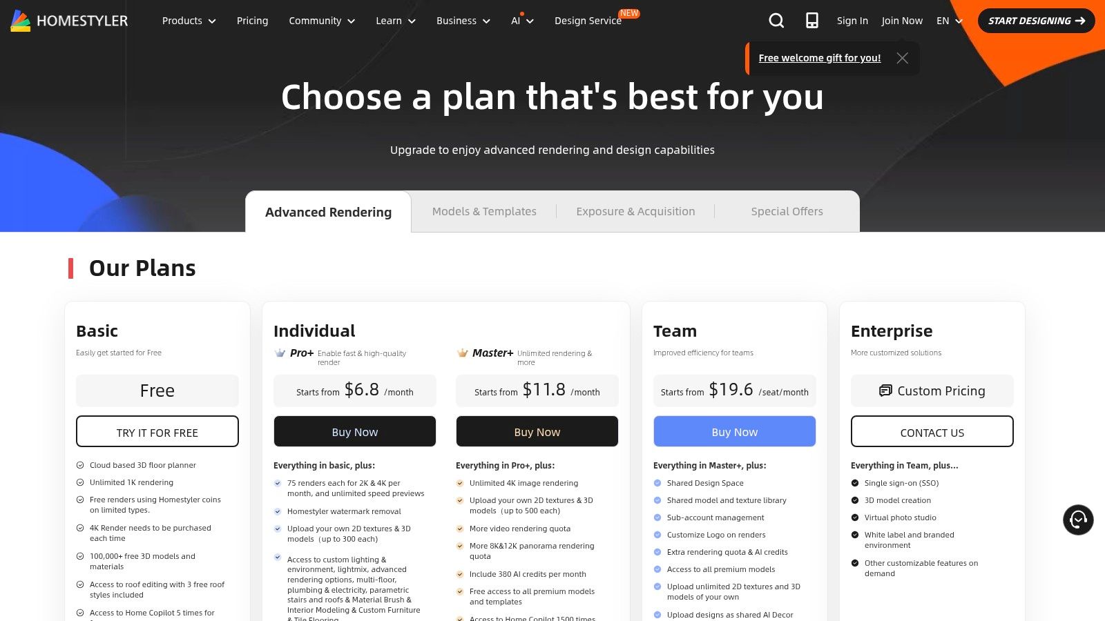 Homestyler pricing plans showing different tiers like Basic, Pro, Master, and Team