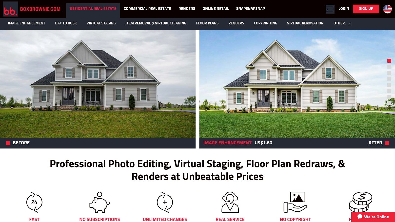 BoxBrownie virtual staging example showing an empty room next to a virtually staged room