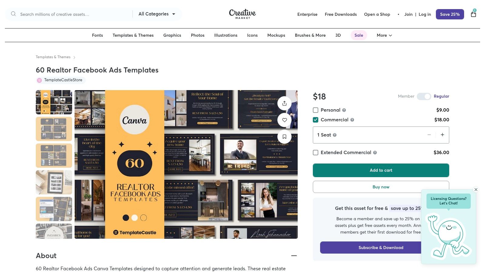 A grid of 60 professionally designed real estate Facebook ad templates from Creative Market, showcasing a variety of layouts for listings, open houses, and agent branding.