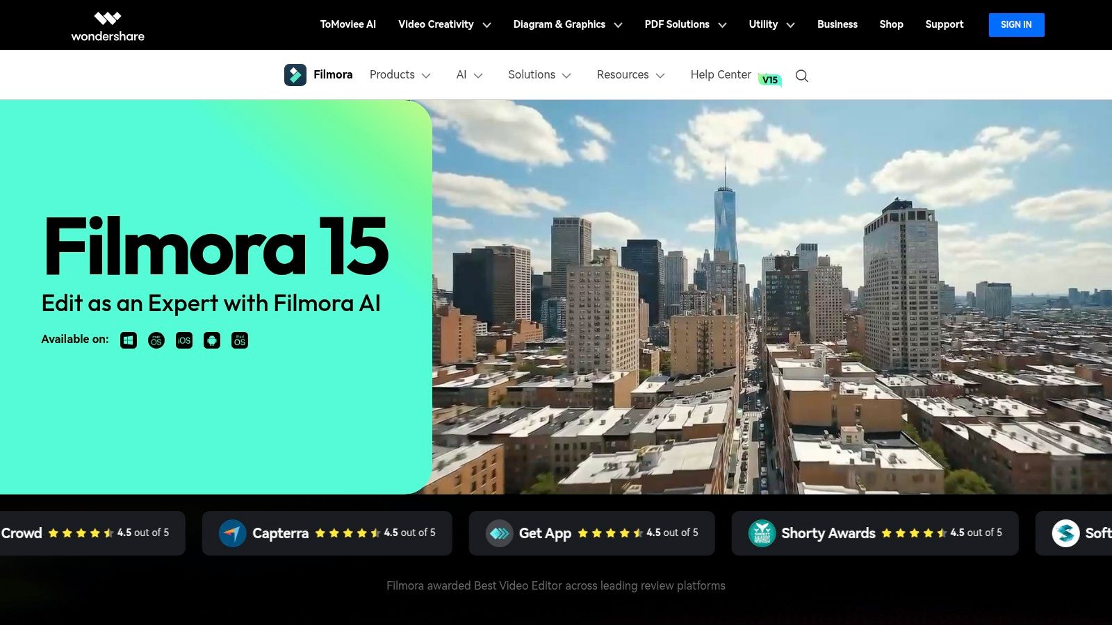 Wondershare Filmora's user interface showing its AI-powered video editing tools.