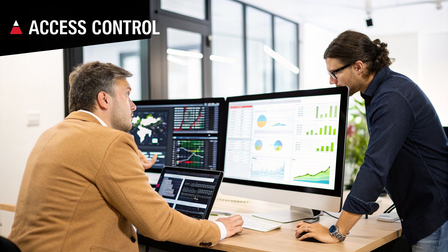 Image depicting a security operations center with multiple screens displaying network data