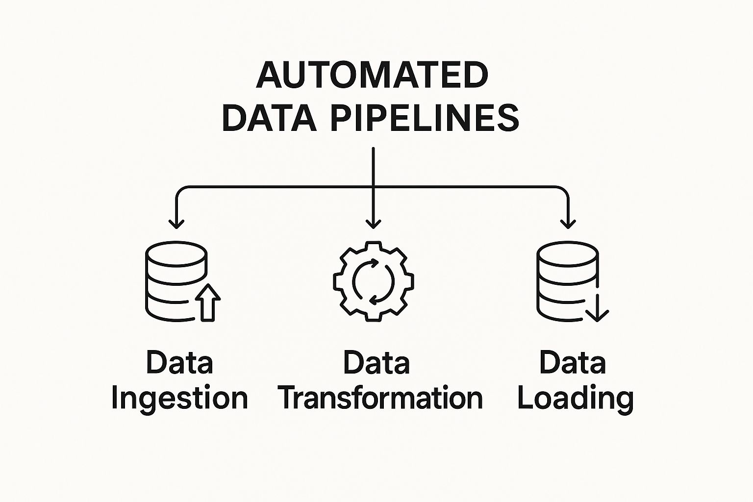 Infographic detailing the three stages of an automated data pipeline: Ingestion, Transformation, and Loading