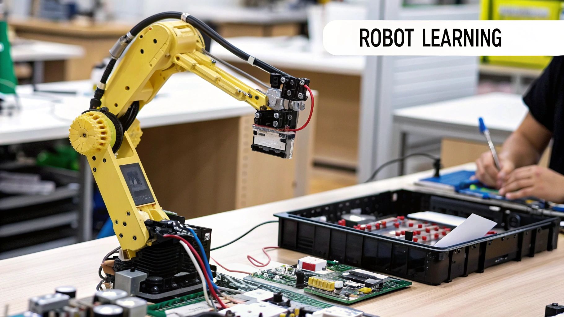 A robotic arm manipulating objects, illustrating the precision required for tasks learned through reinforcement learning.