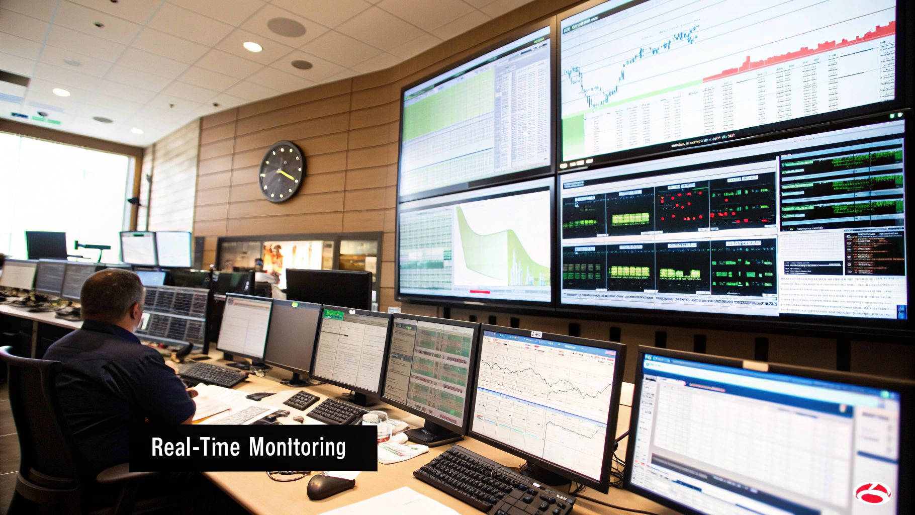 A manufacturing facility with overlayed data graphics, and a marketing dashboard showing customer analytics.