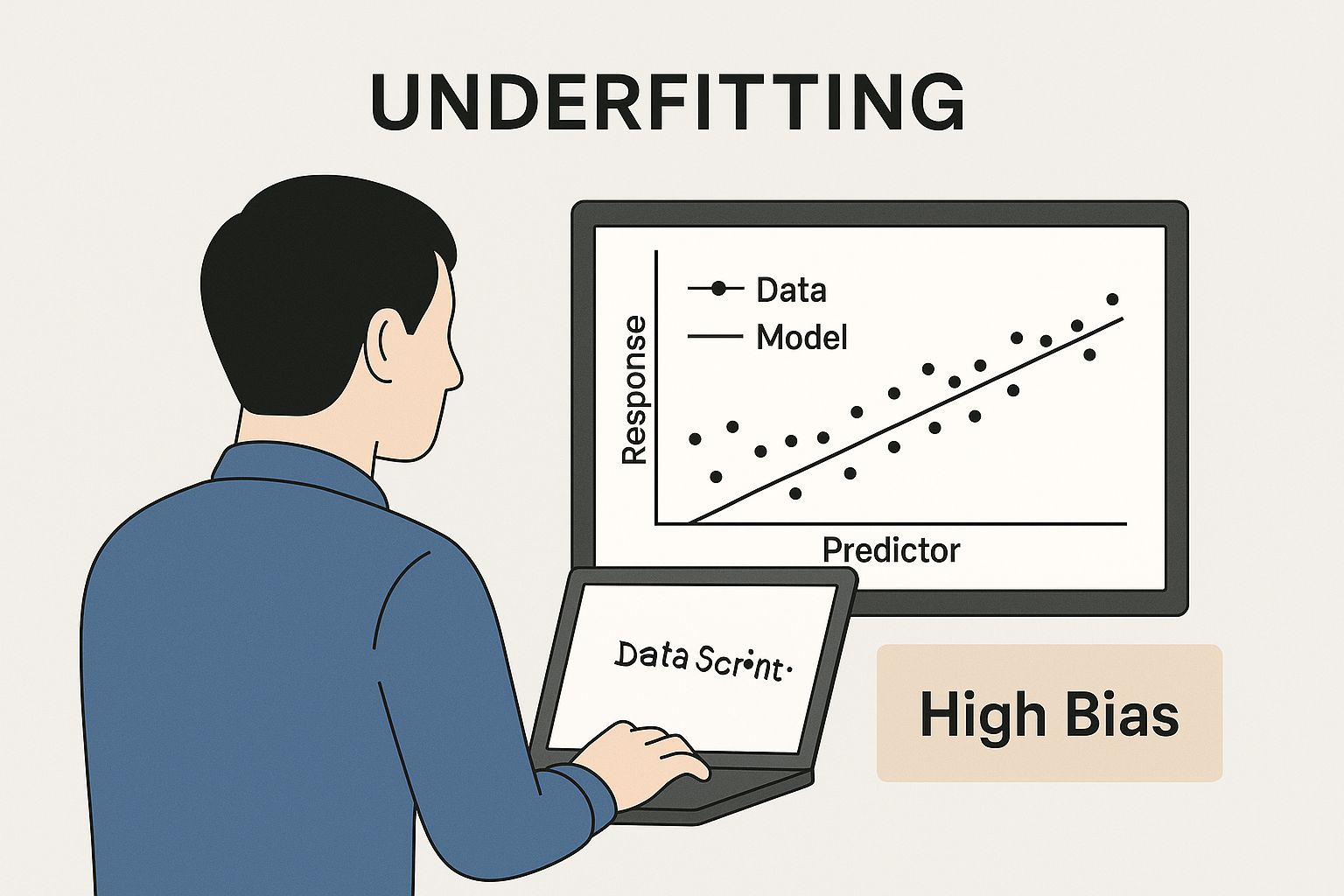 An infographic showing a data scientist looking at a laptop screen with an underfitting plot, indicating high bias.