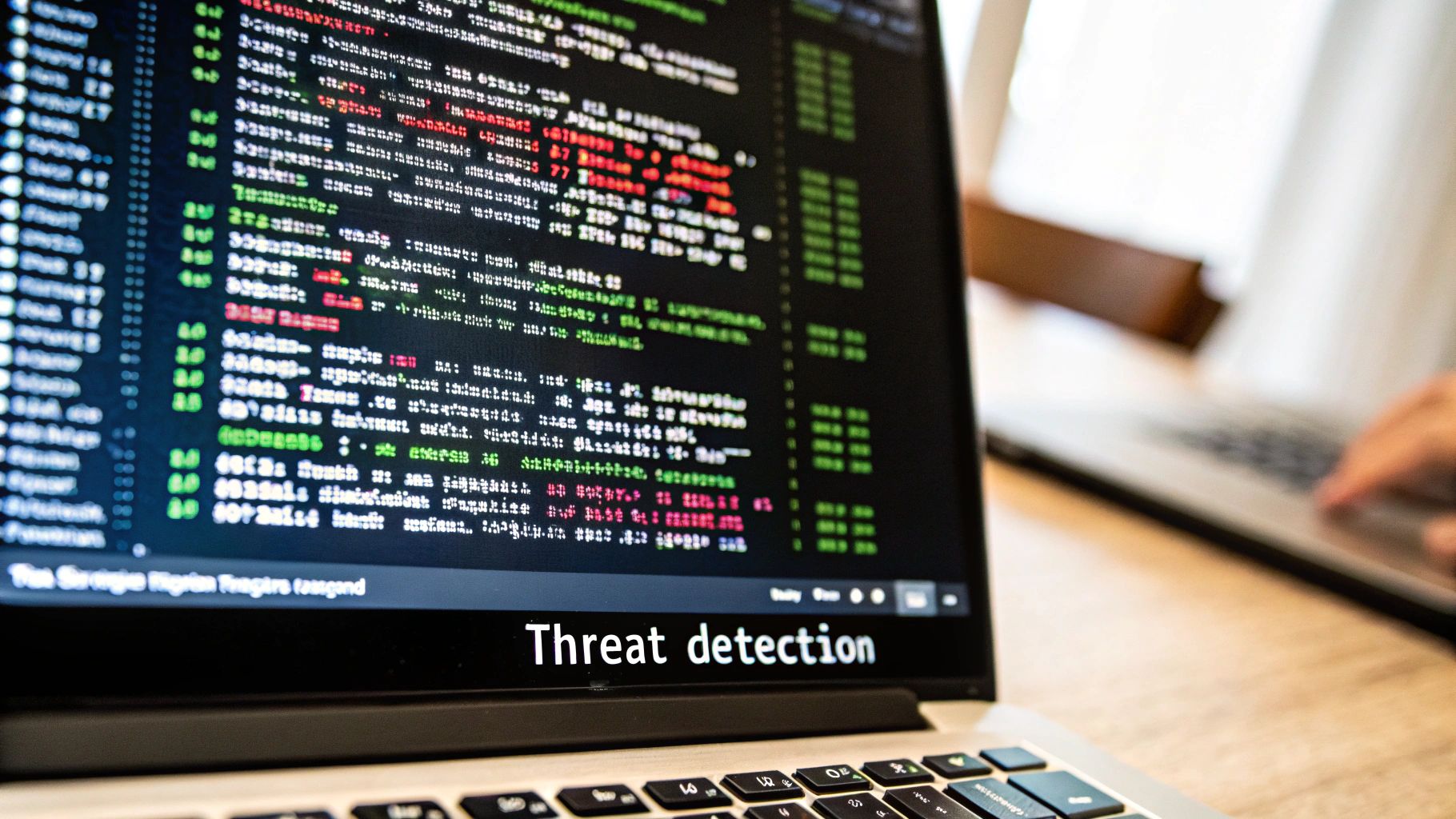 Image depicting a hooded figure in a dark room, representing cyber threats