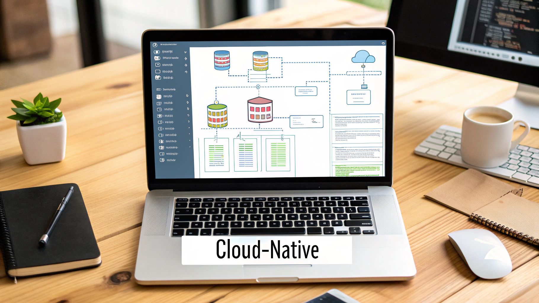 An illustration showing the core components of Cloud-Native Development: microservices, containers, CI/CD pipelines, and dynamic orchestration.