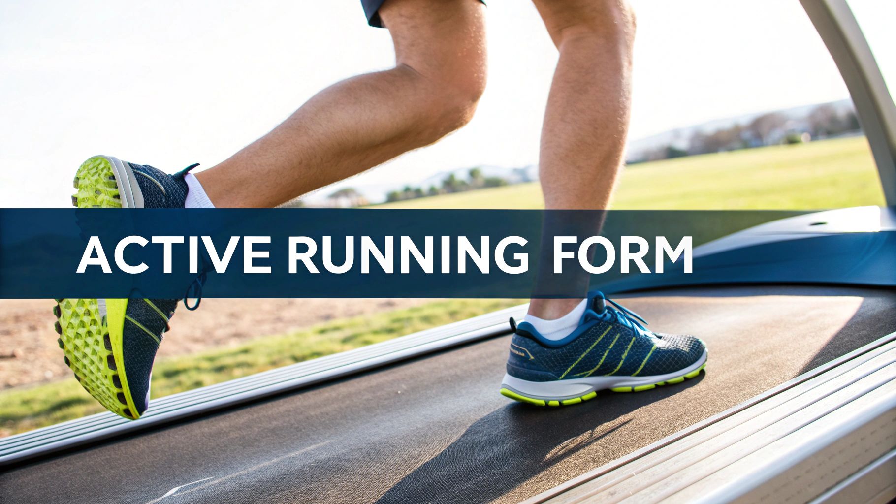 A person's legs are shown running on a treadmill outdoors, demonstrating active running form.