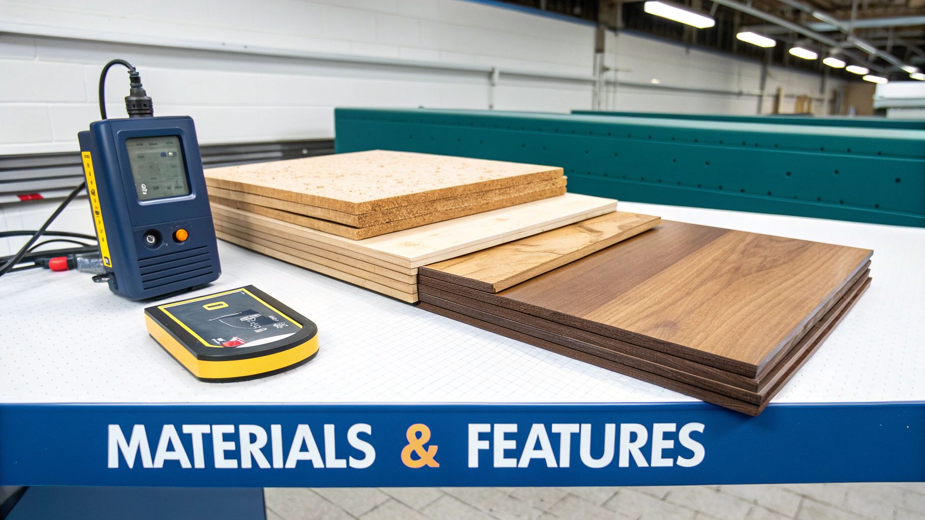 Various wood material samples and measurement tools on a workbench with 'MATERIALS & FEATURES' text.