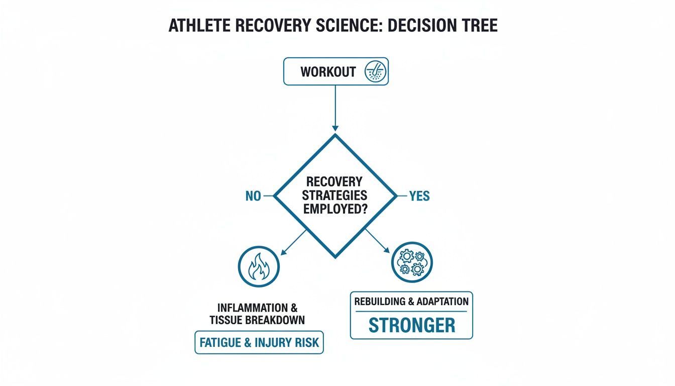 Decision tree illustrating athlete recovery science, showing outcomes with and without recovery strategies.