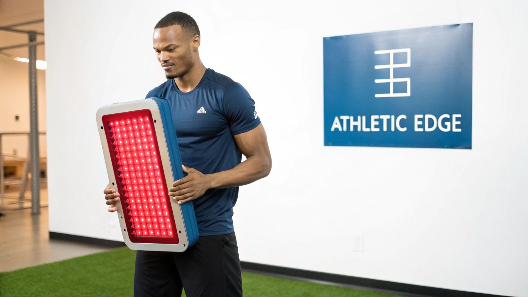 A man in athletic wear holds a red light therapy device in an athletic facility, likely for recovery.