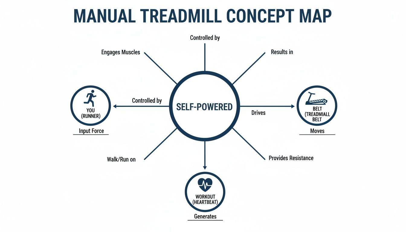 A concept map showing how a self-powered manual treadmill functions and its user interaction.