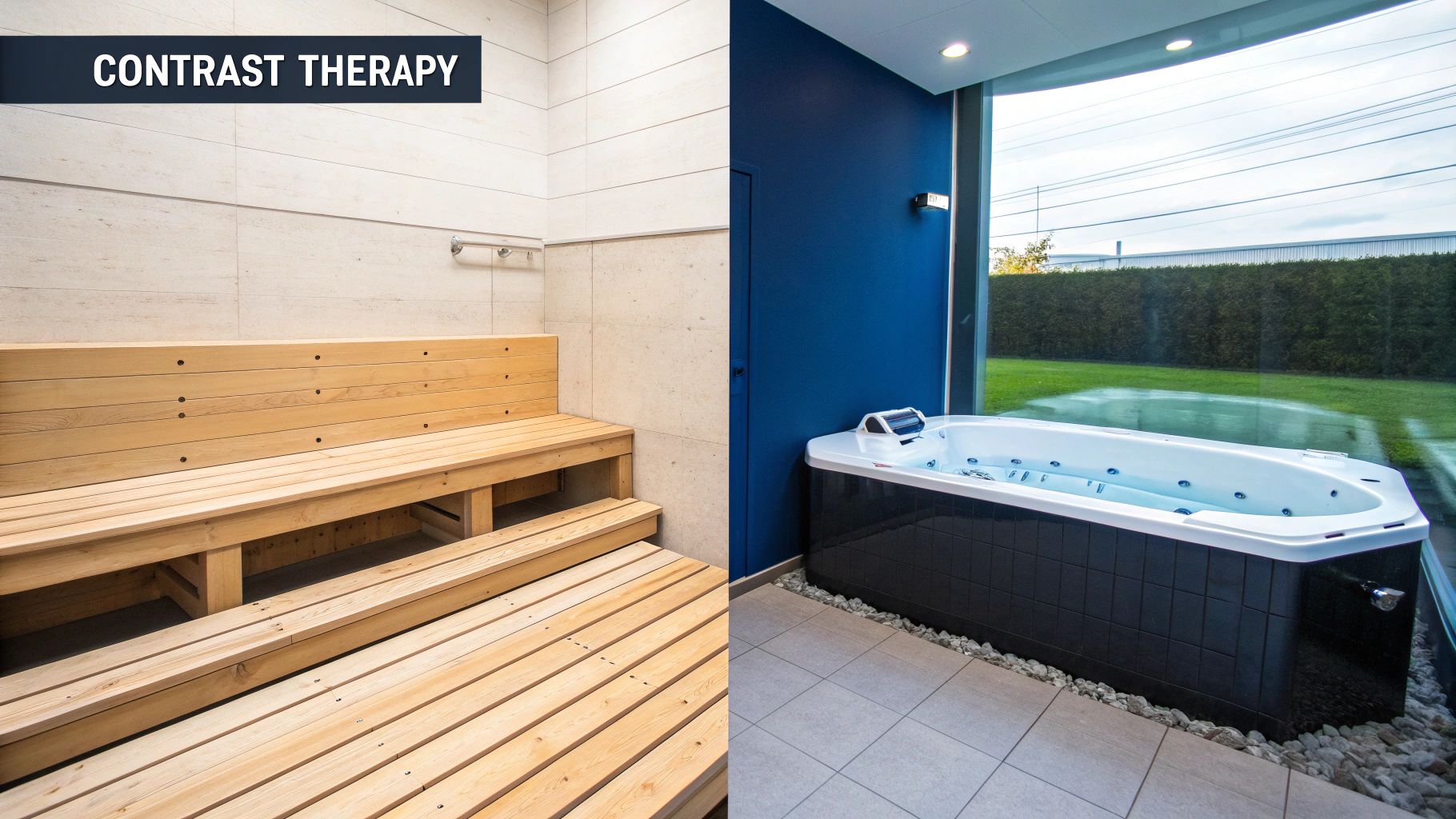 A modern wellness facility showcasing a wooden sauna room and a hot tub, ideal for contrast therapy.