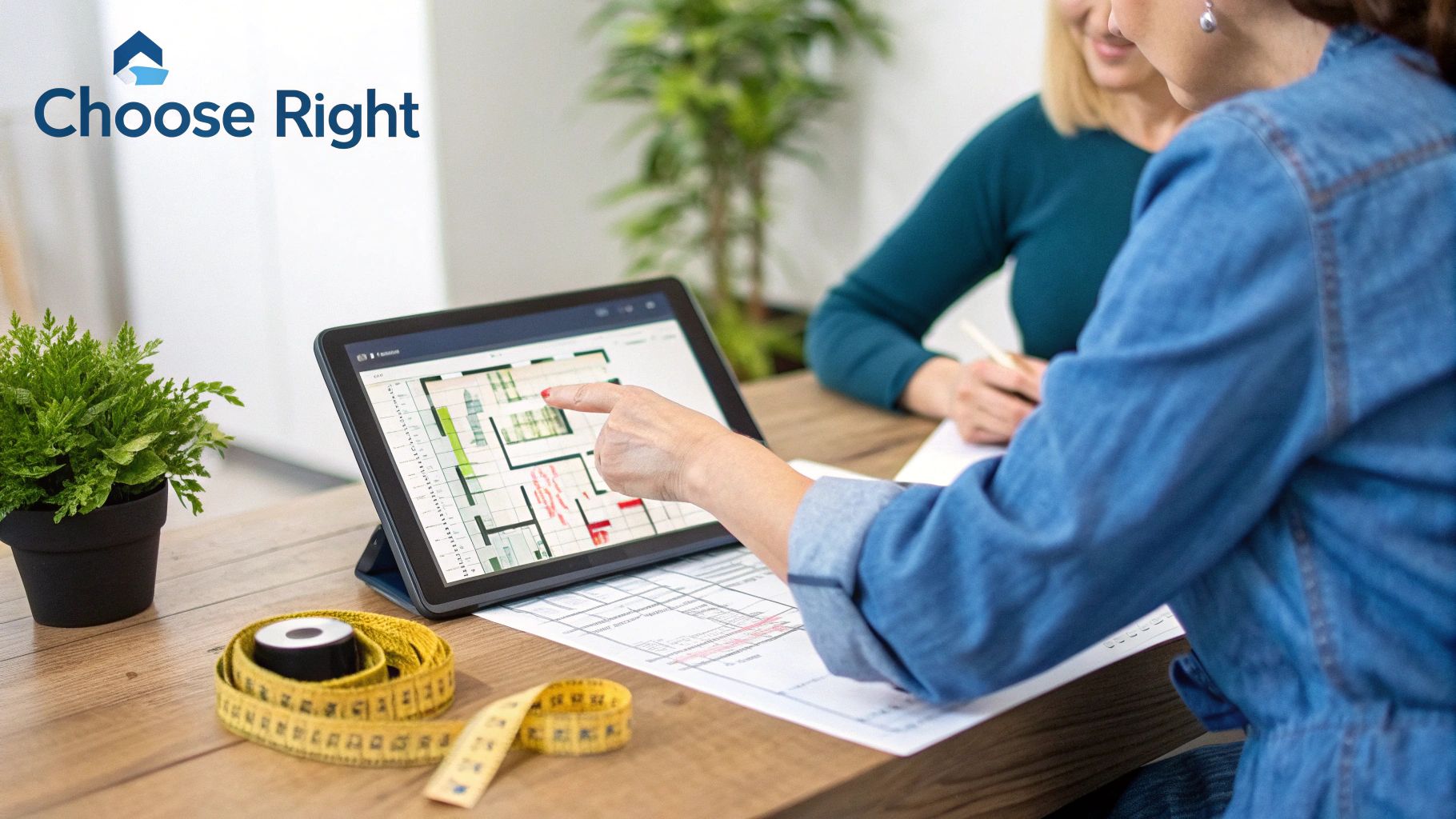 Two women discuss a house floor plan on a tablet, with a measuring tape nearby on a wooden table.