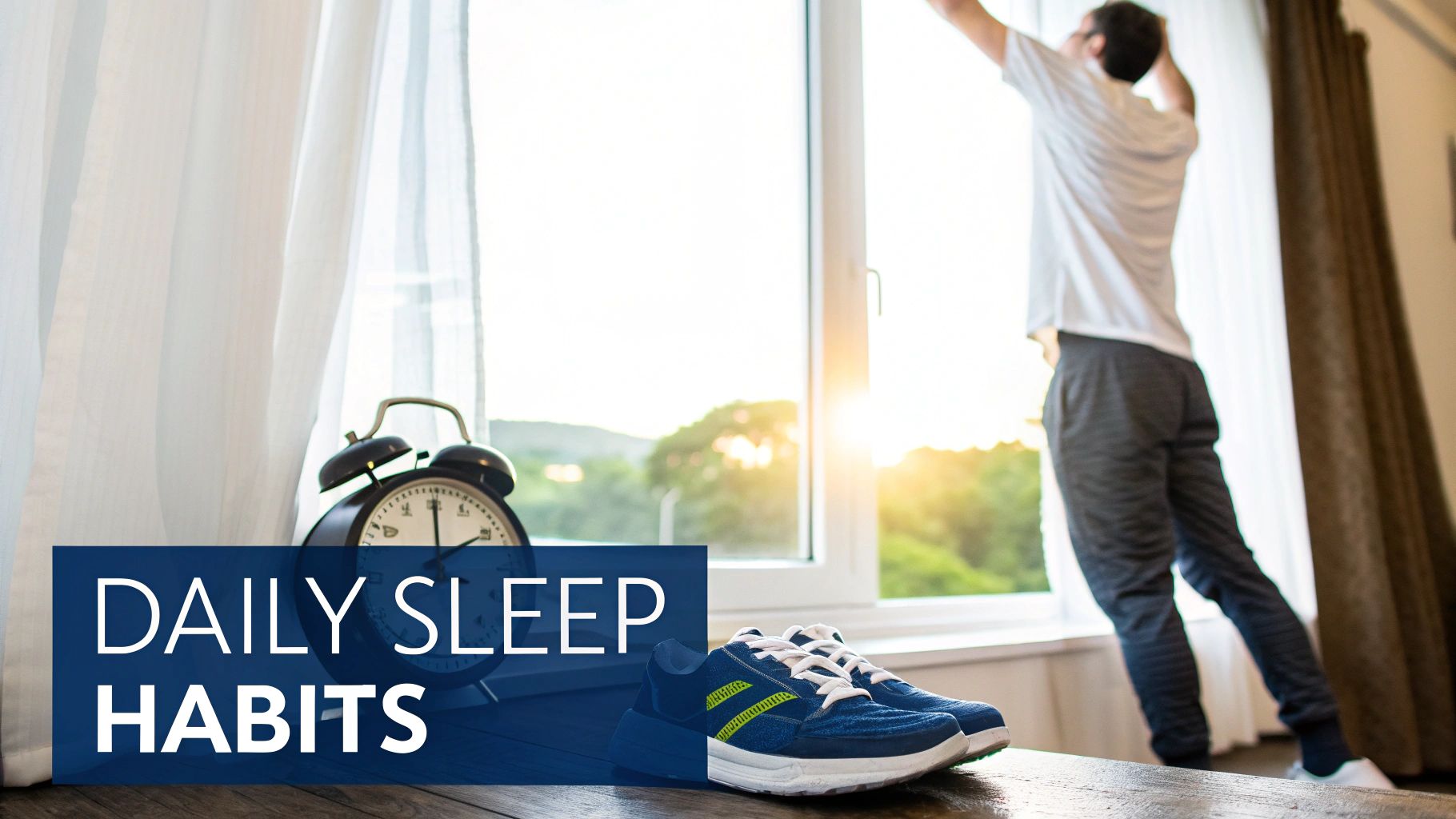 A person waking up to bright morning sunlight streaming through their window, feeling refreshed.