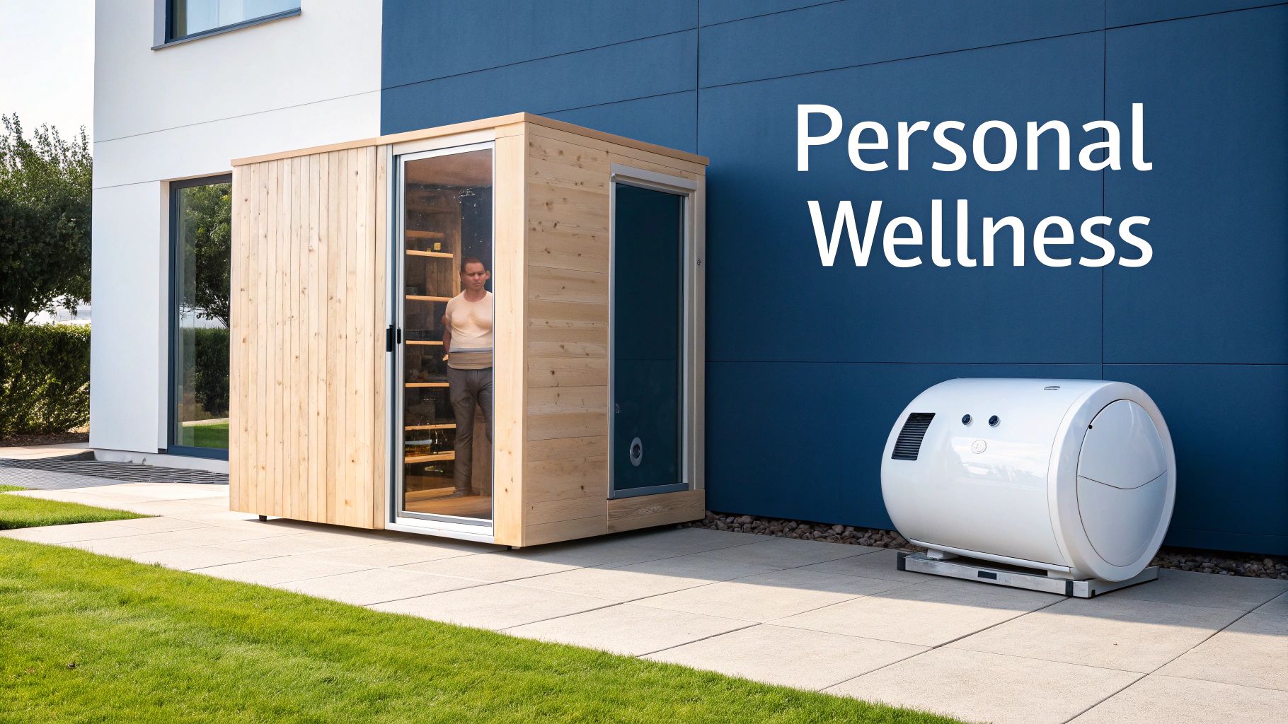 Man inside a wooden outdoor sauna next to a modern white recovery pod for personal wellness.