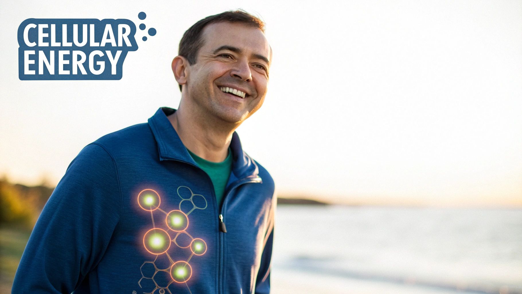 Smiling man in a blue jacket with a "Cellular Energy" logo and glowing molecular graphic.