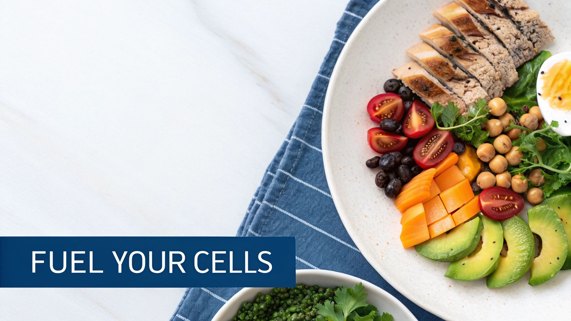 A vibrant, healthy meal bowl featuring grilled chicken, avocado, tomatoes, chickpeas, and blueberries, with text 'FUEL YOUR CELLS'.