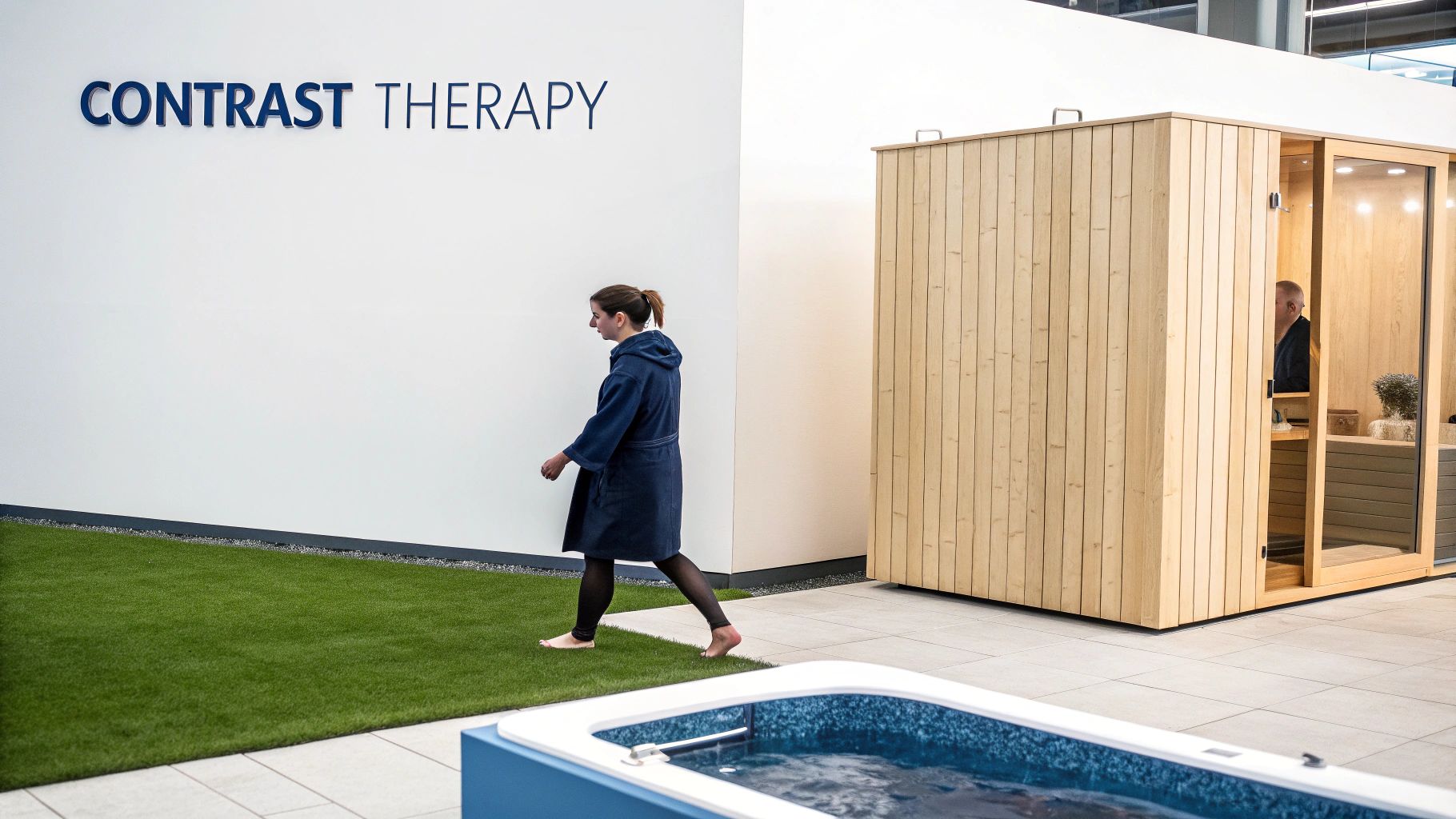 A woman in a blue robe walks past a sign for 'Contrast Therapy' towards a wooden sauna and a pool.