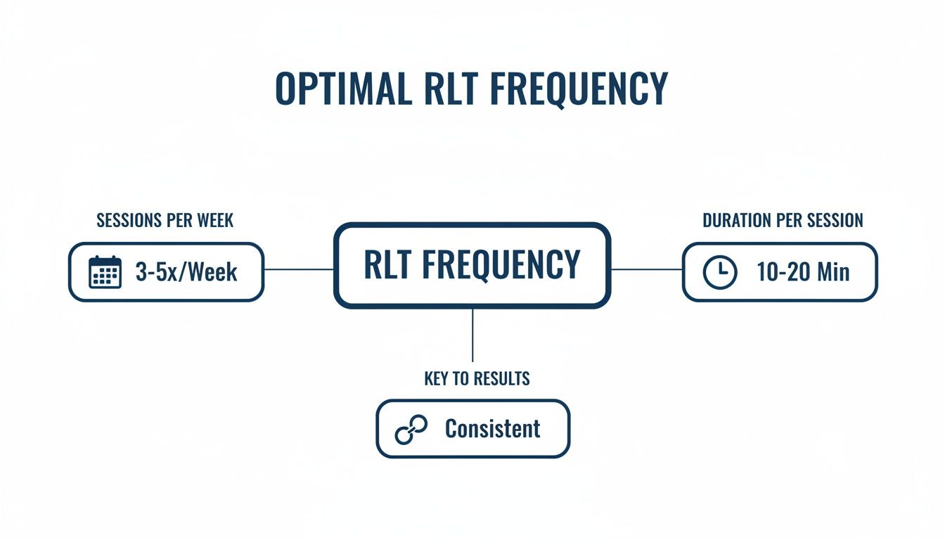Flowchart detailing optimal Red Light Therapy frequency, including 3-5 sessions per week and 10-20 minute durations.