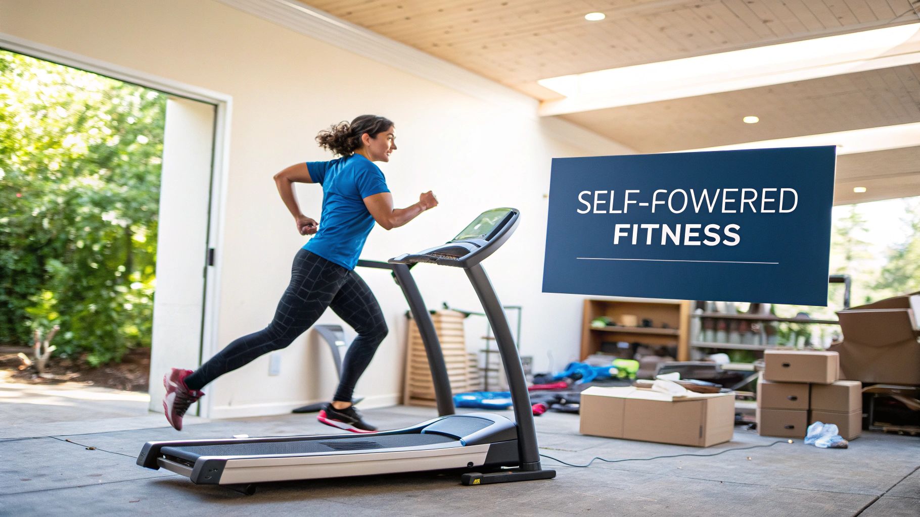 An athletic woman actively runs on a manual treadmill, promoting self-powered fitness indoors.