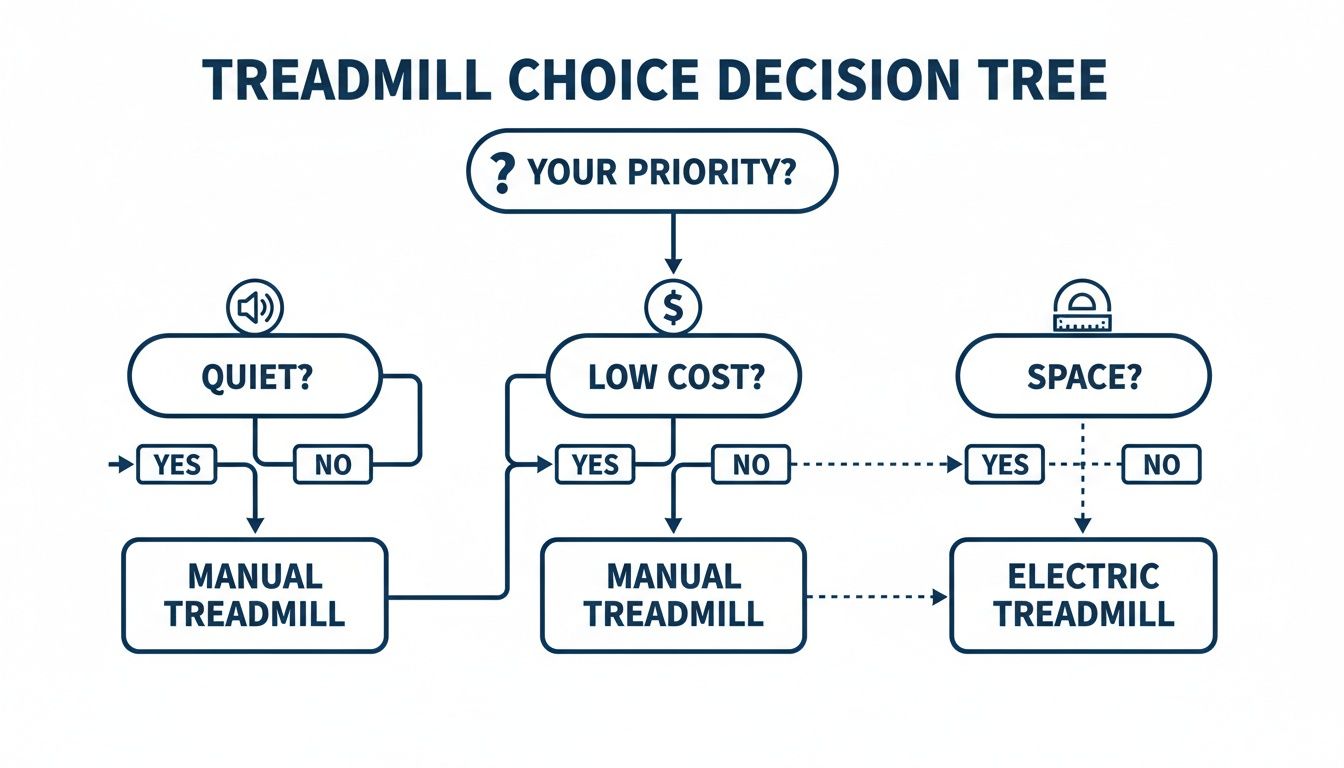 Decision tree flowchart guiding treadmill choice based on quietness, cost, and space, resulting in manual or electric.