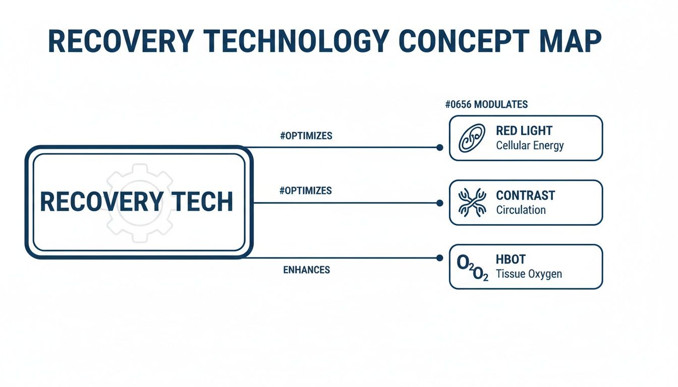 A concept map showing recovery technologies: red light, contrast, and HBOT, and their associated benefits.