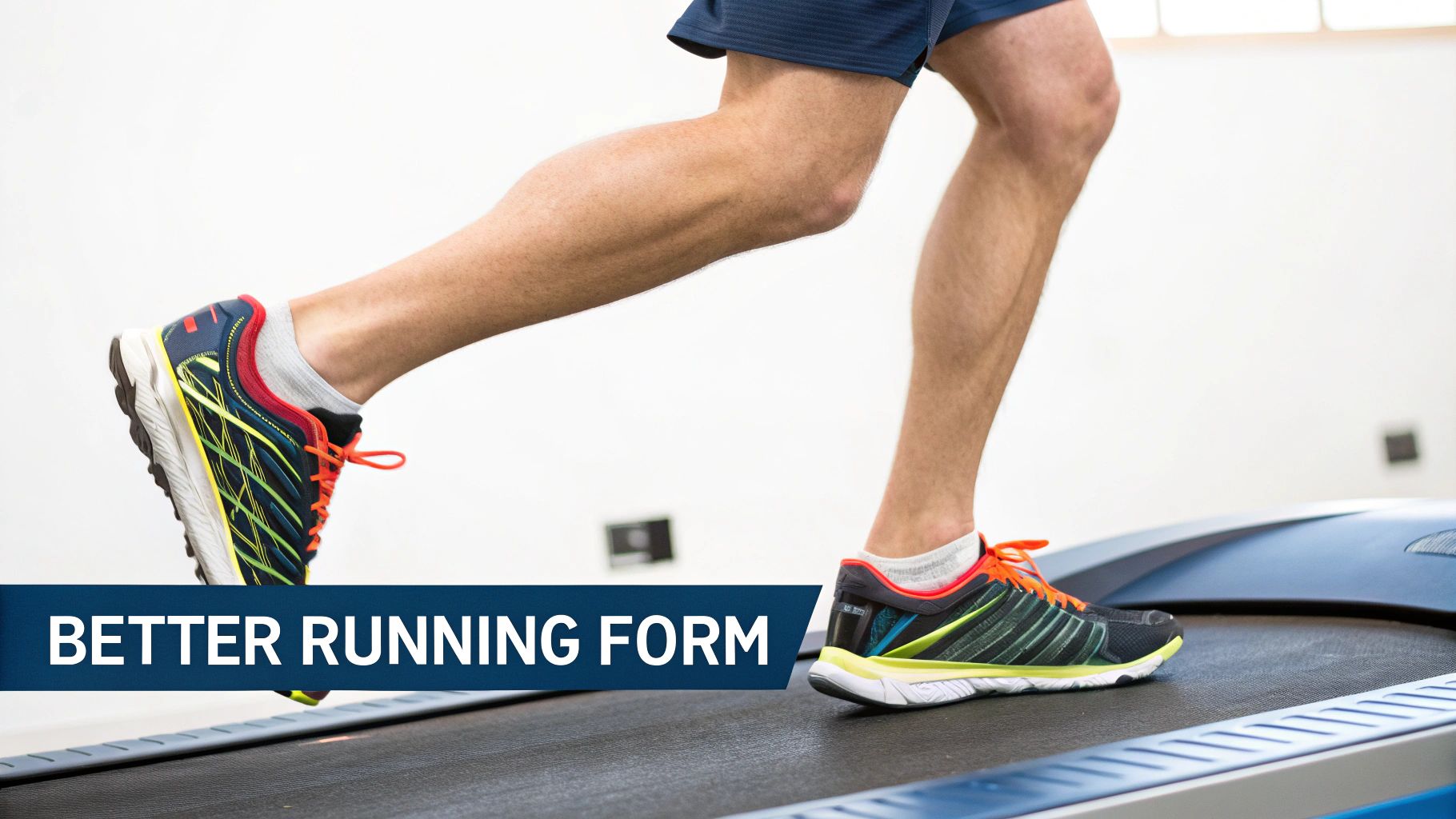 A person's legs and feet running on a treadmill, demonstrating better running form.