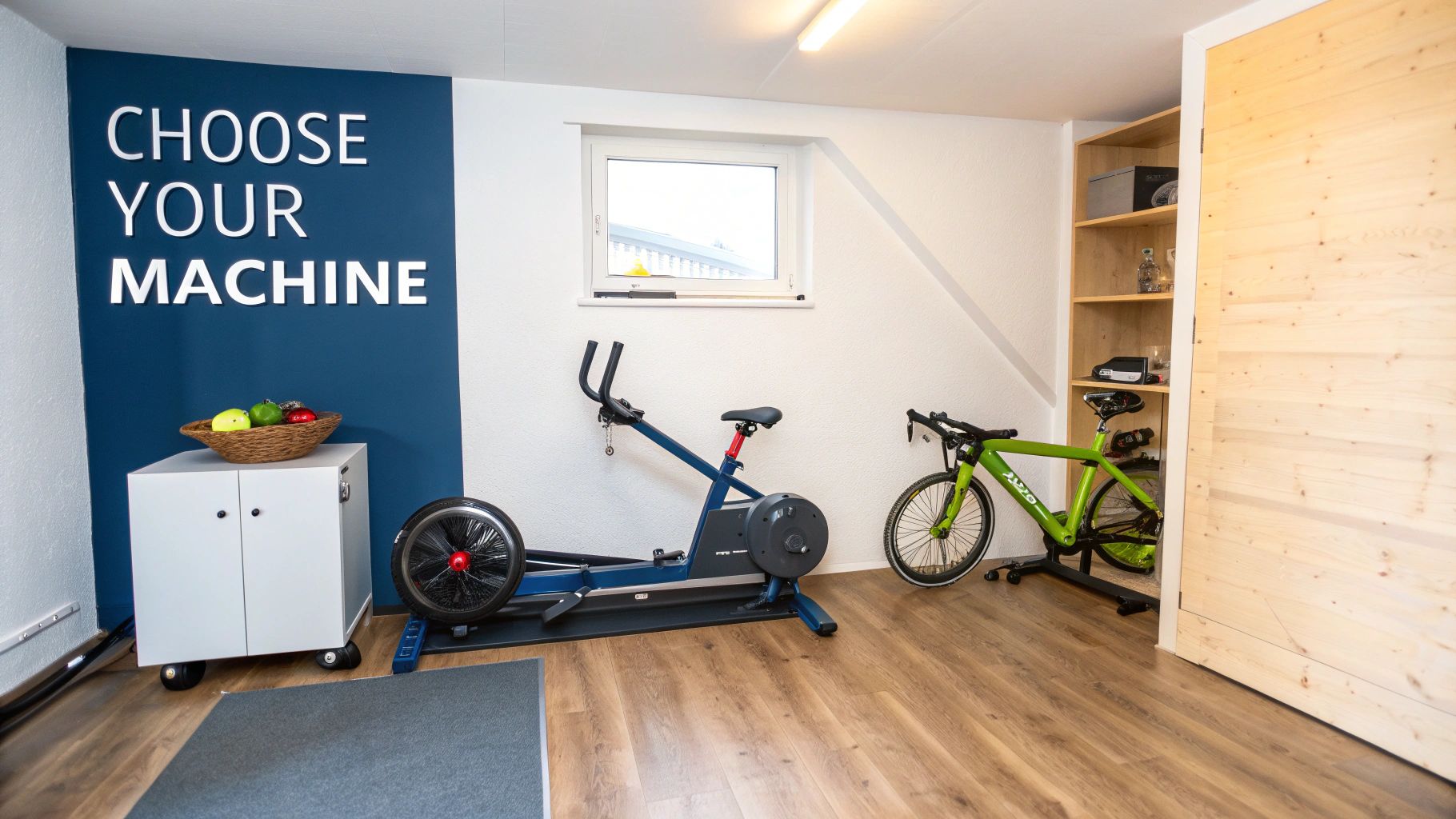 A home fitness room with various low-impact cardio machines and motivational wall text.