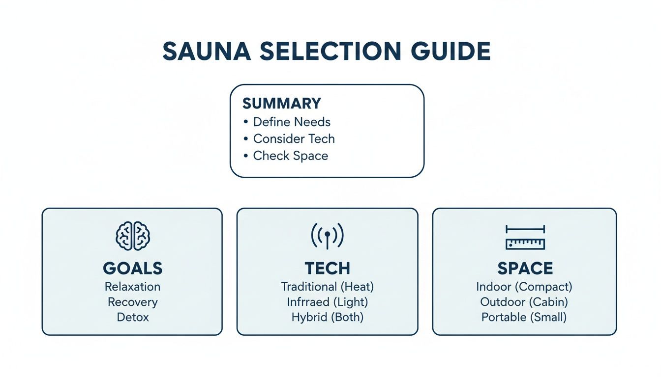 A sauna selection guide flow chart detailing goals, technology types, and space options for choosing a sauna.
