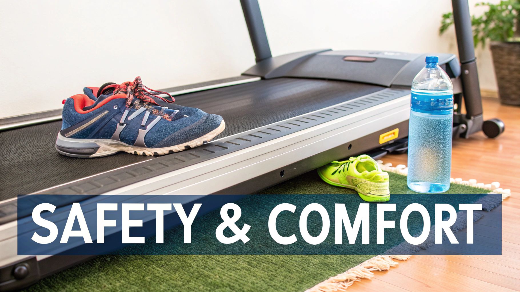 A treadmill with blue running shoes on its belt, neon green shoes, and a water bottle on a mat.