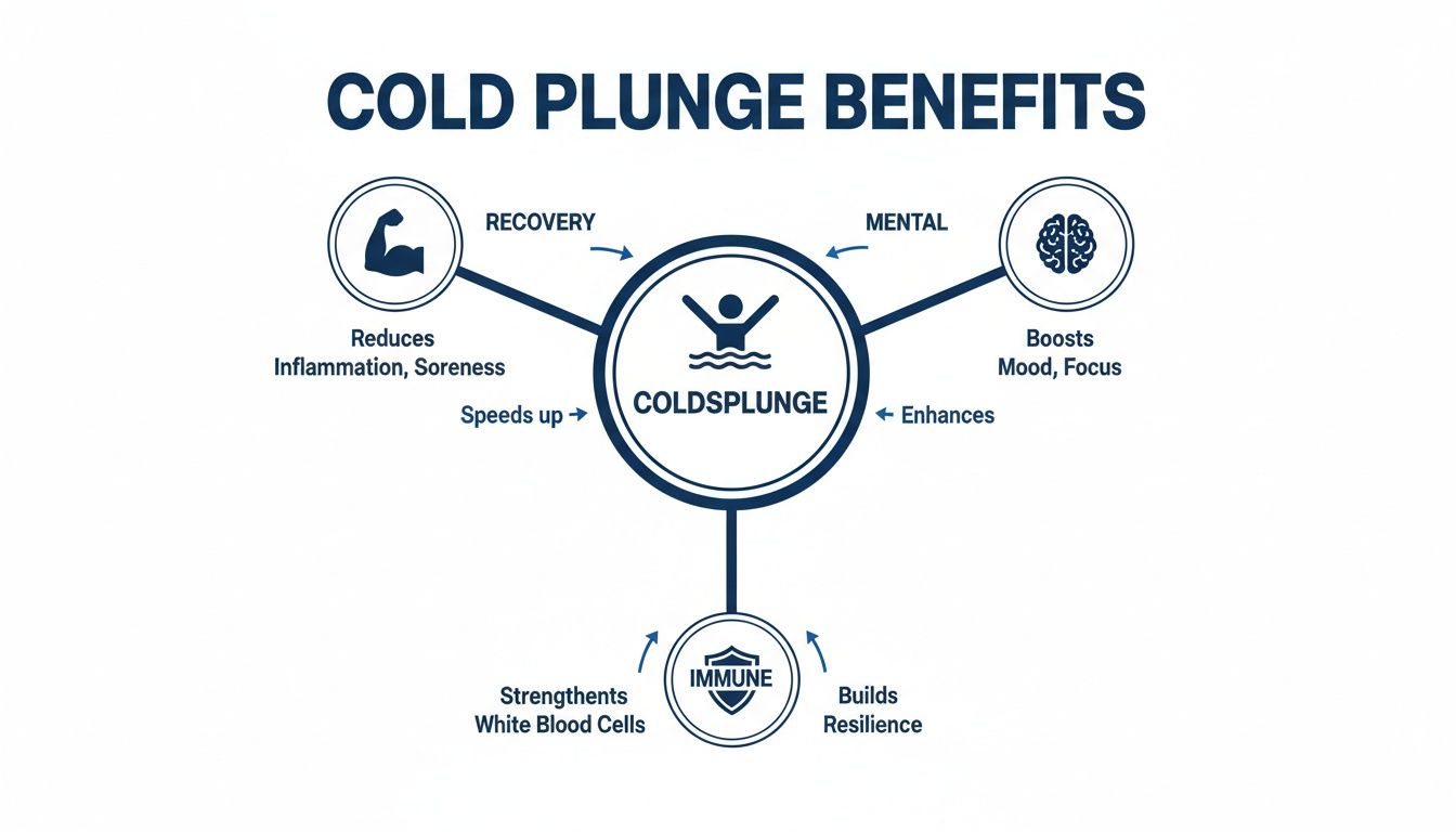 Diagram illustrating the numerous benefits of cold plunges for recovery, mental health, and immune support.
