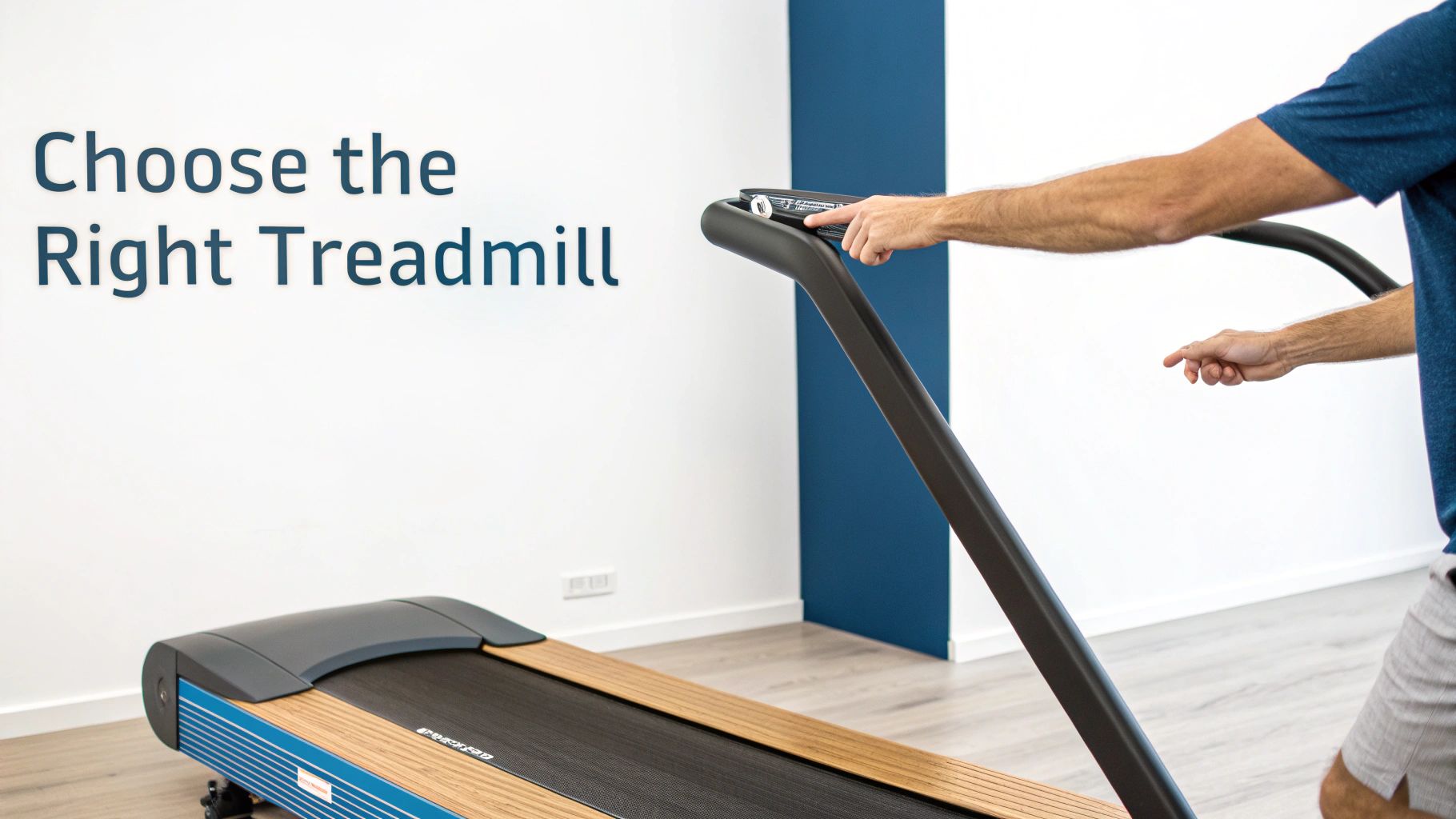 A person in a blue shirt presses a button on a modern treadmill, with text "Choose the Right Treadmill".