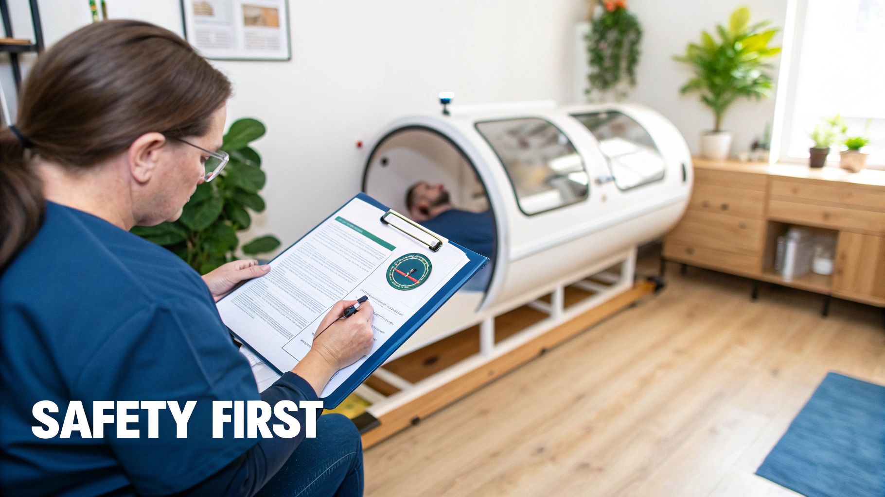 A healthcare worker monitors a man in a hyperbaric oxygen chamber while reviewing patient documents.