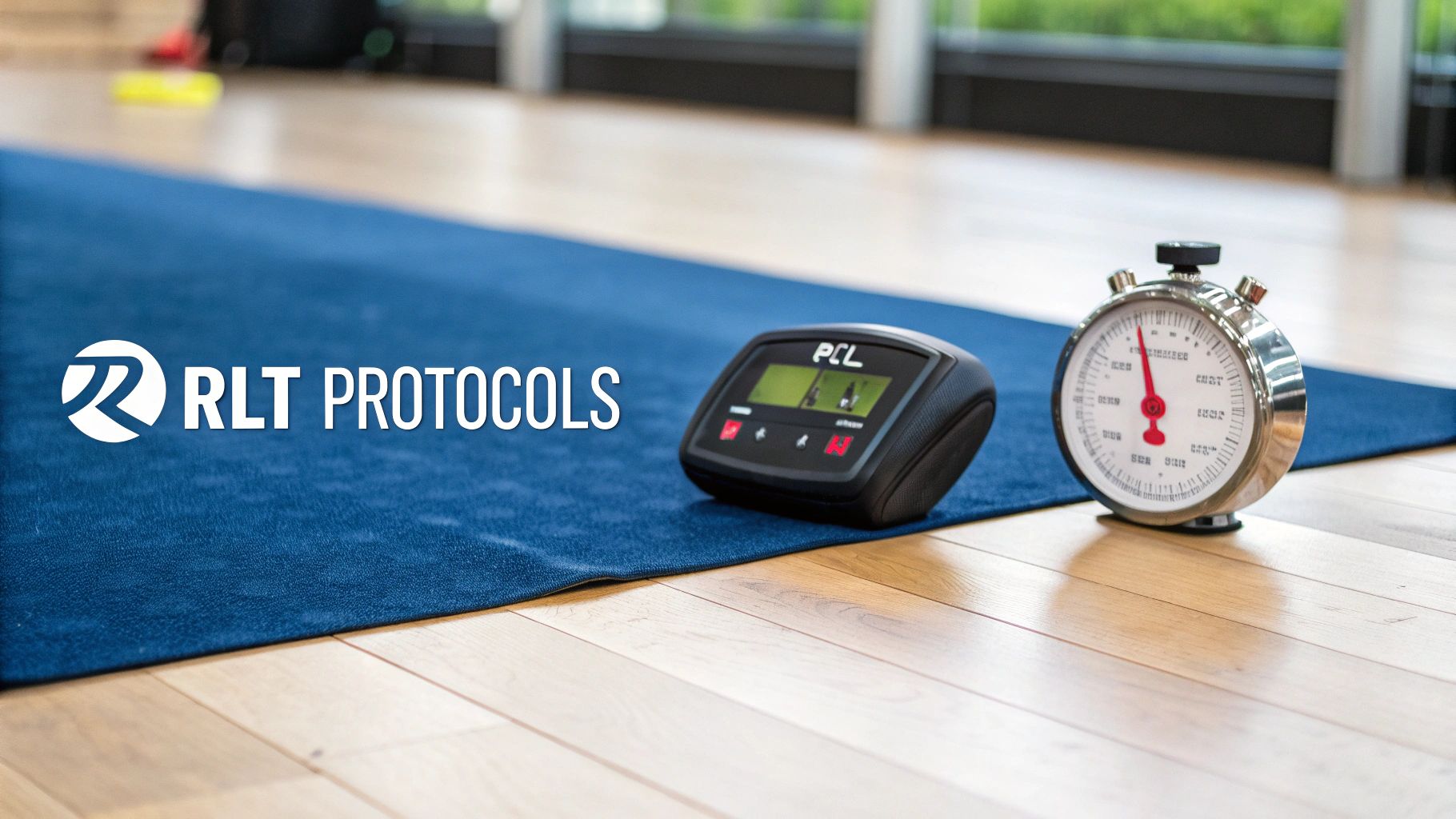 Fitness equipment including a digital display and analog stopwatch on a blue mat, with RLT PROTOCOLS logo.