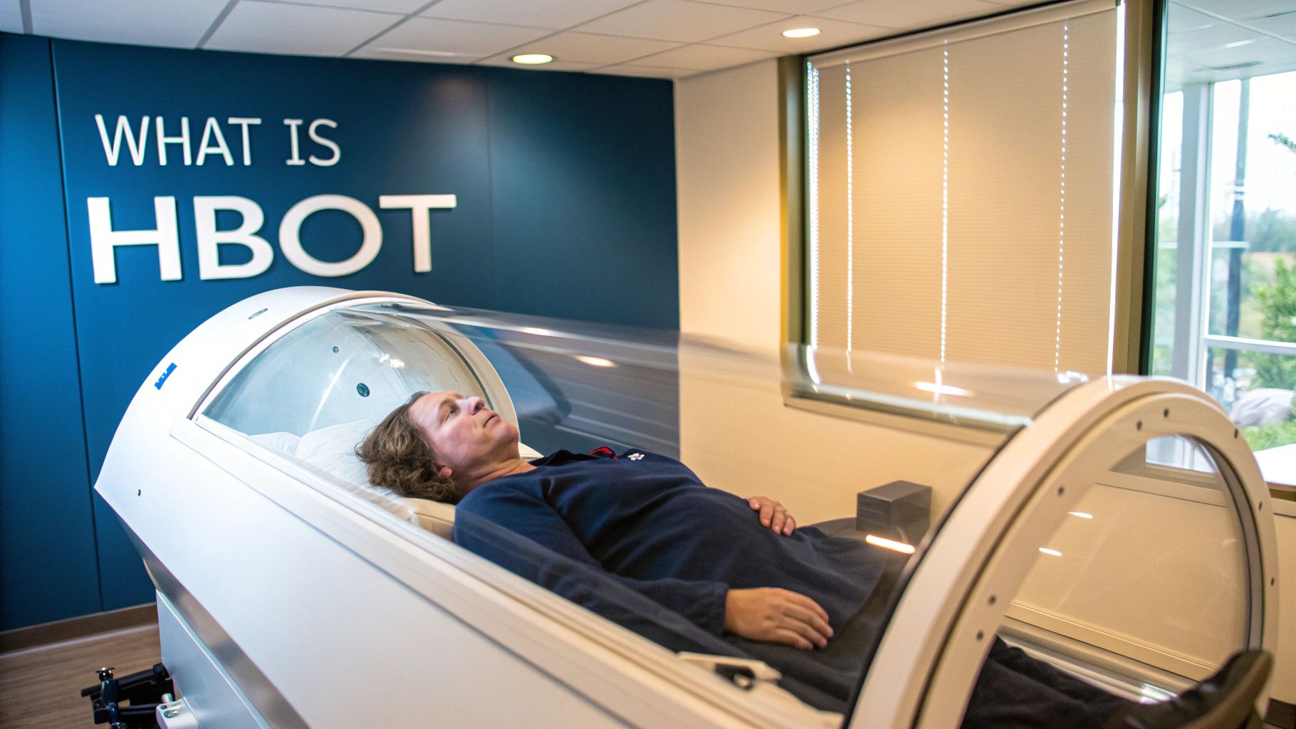 A person lies inside a clear hyperbaric oxygen therapy chamber with a "WHAT IS HBOT" sign on the wall.