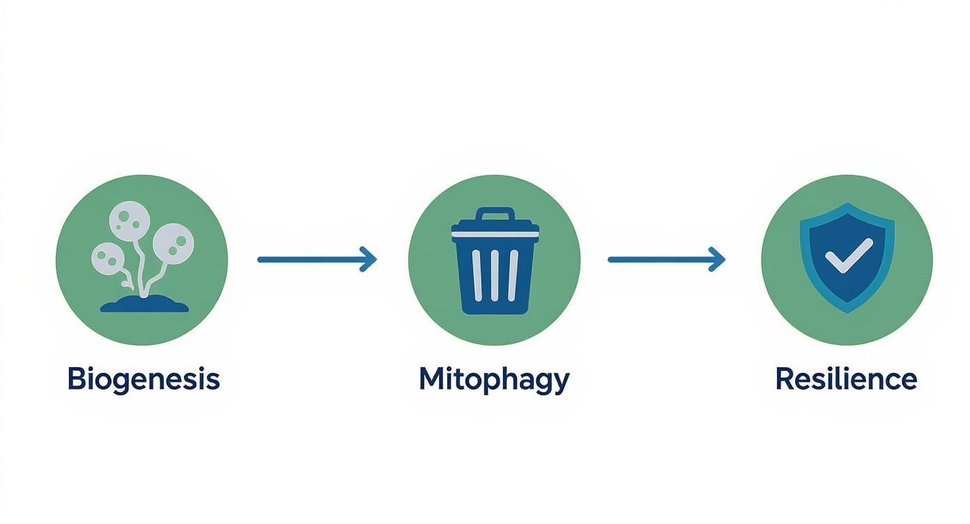 Diagram illustrates the process of biogenesis, mitophagy, and resilience for improved cellular health.