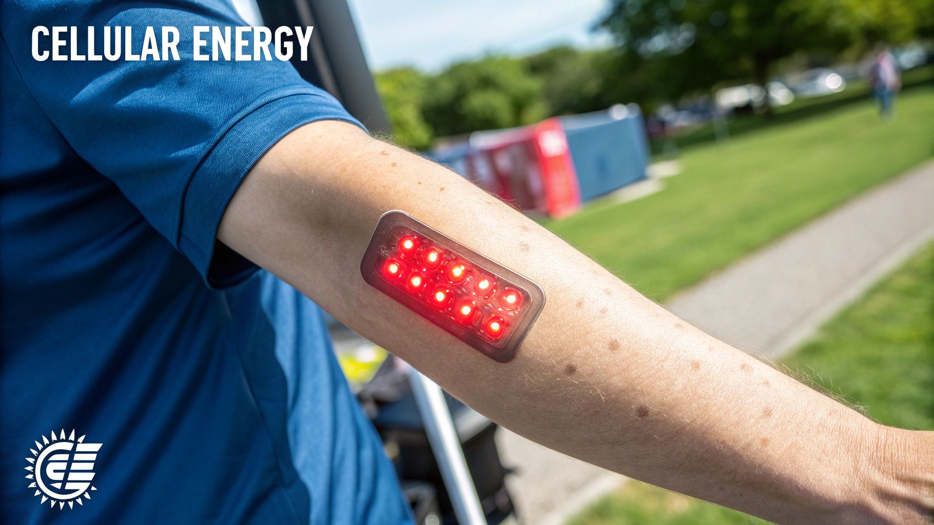 A person's arm with a red light therapy device emitting bright red light outdoors.