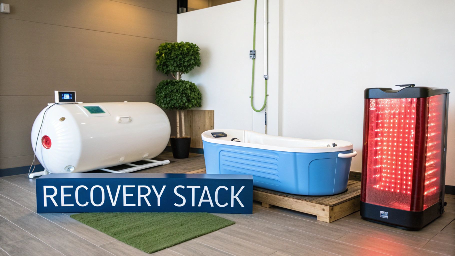 A recovery center featuring a hyperbaric oxygen chamber, cold plunge tub, and red light therapy device.