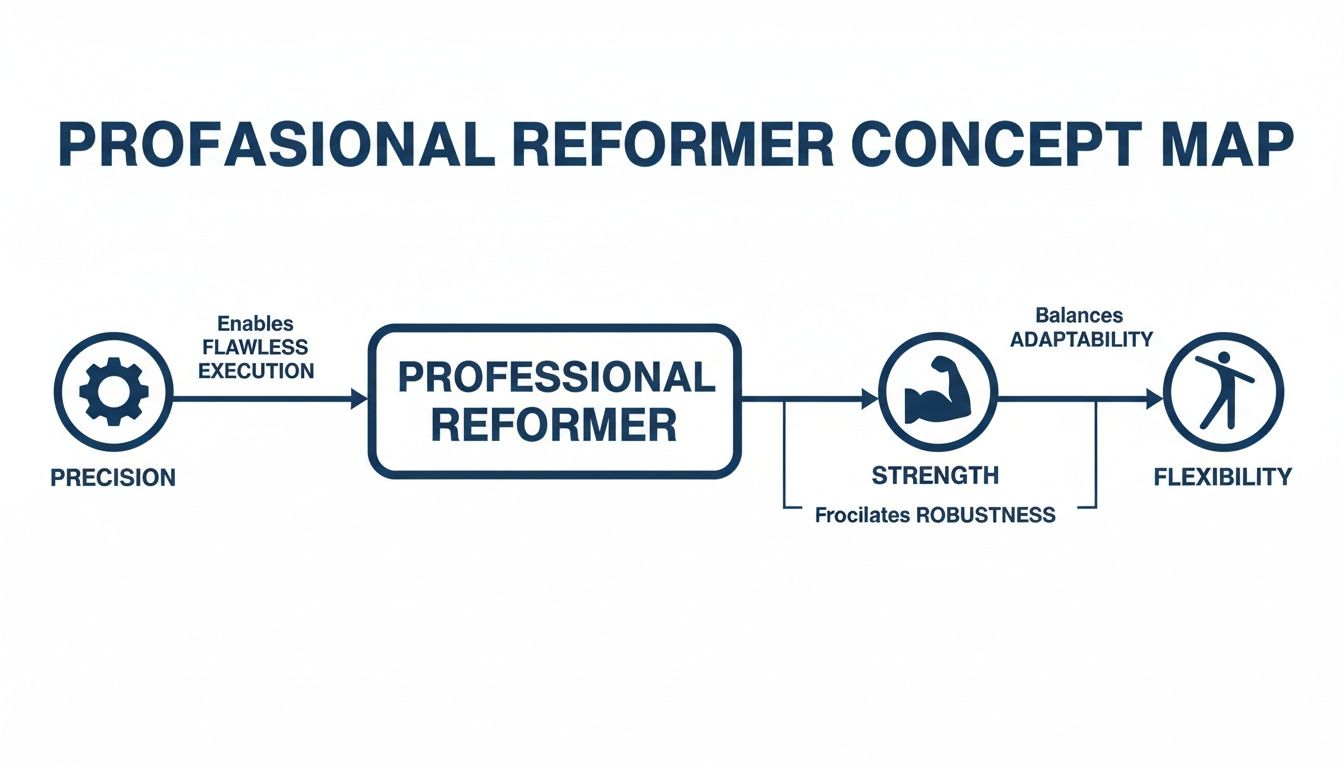 A concept map titled 'Profasional Reformer' showing precision leading to flawless execution and a professional reformer. It also shows strength facilitating robustness and balancing adaptability with flexibility.
